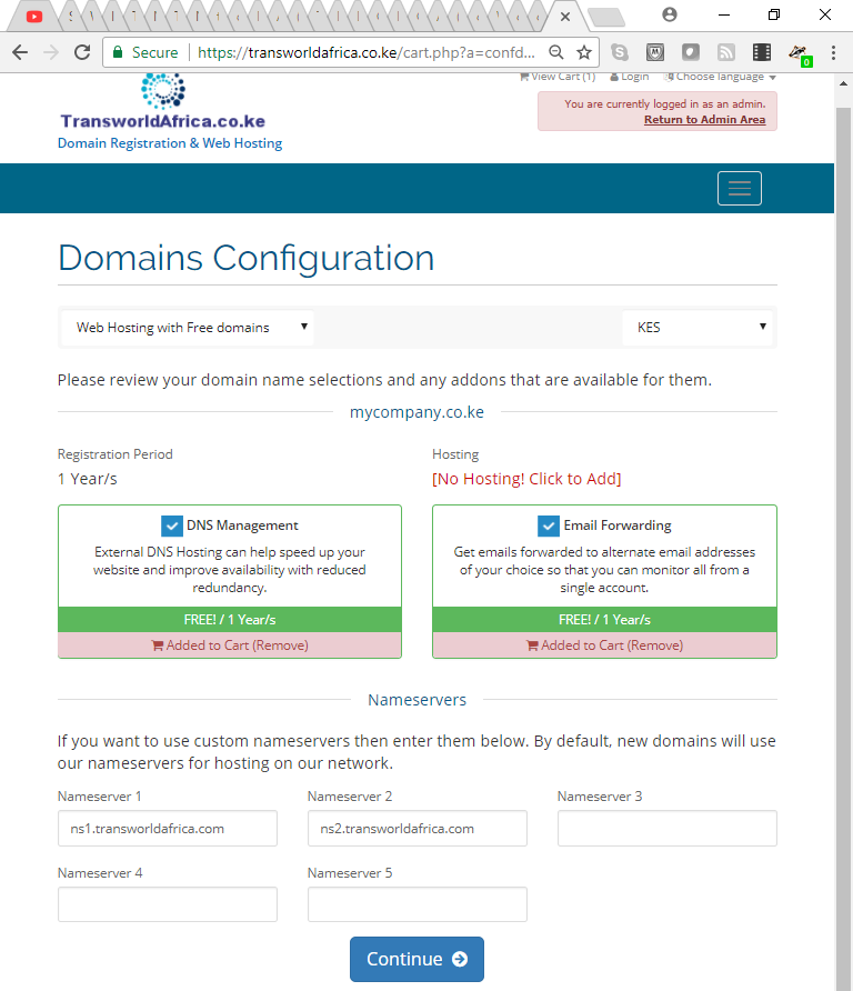 transworldafrica.co.ke .ke domain configuration page