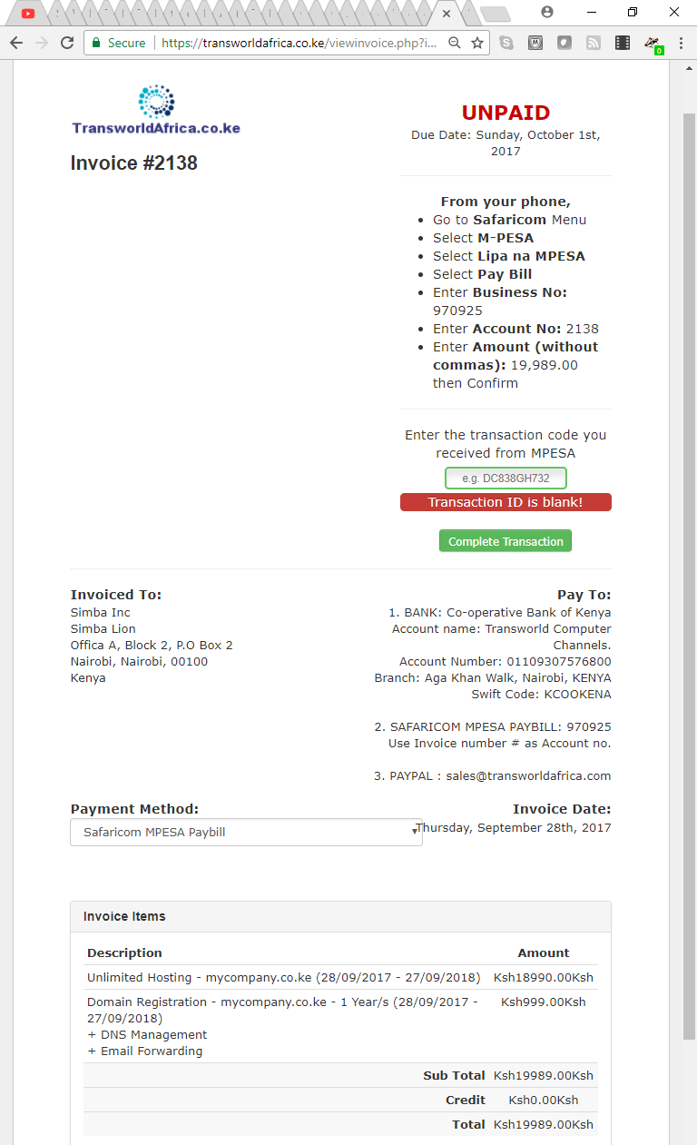 Safaricom mpesa paybill 970925 payment for .ke domains